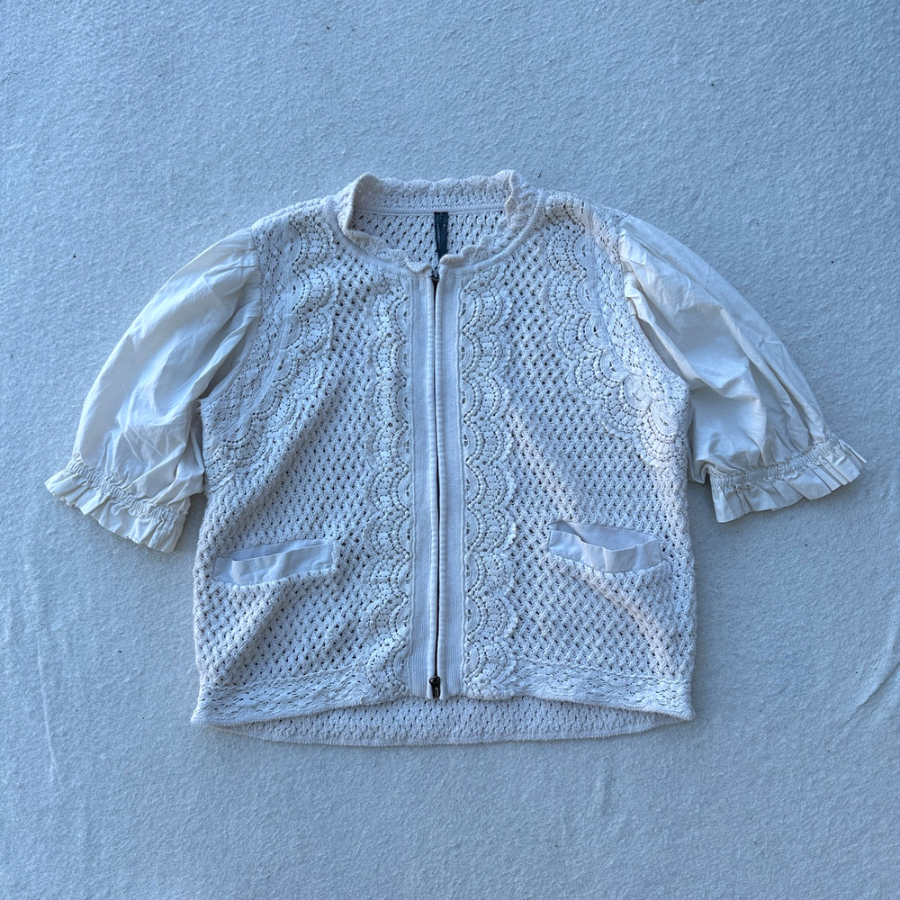 Anthropologie Puff-Sleeve Mock-Neck Mixed Media Cardigan Sweater Womens XL Ivory